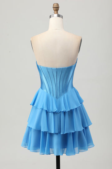 Blue Ruched Ruffled Sweetheart Short Corset Cocktail Dress with Appliques